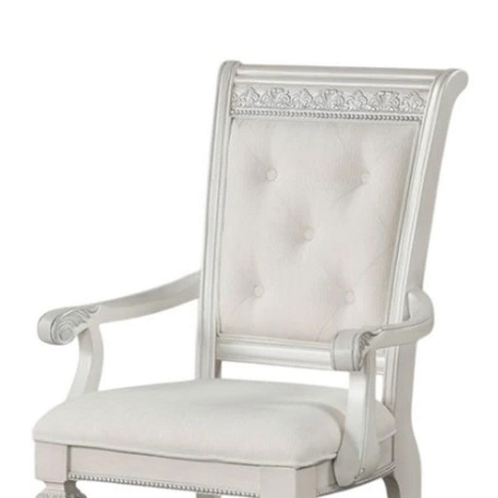 Benjara Miamy Dining Armchair Set of 2, Solid Wood, Ivory Button Tufted Fabric