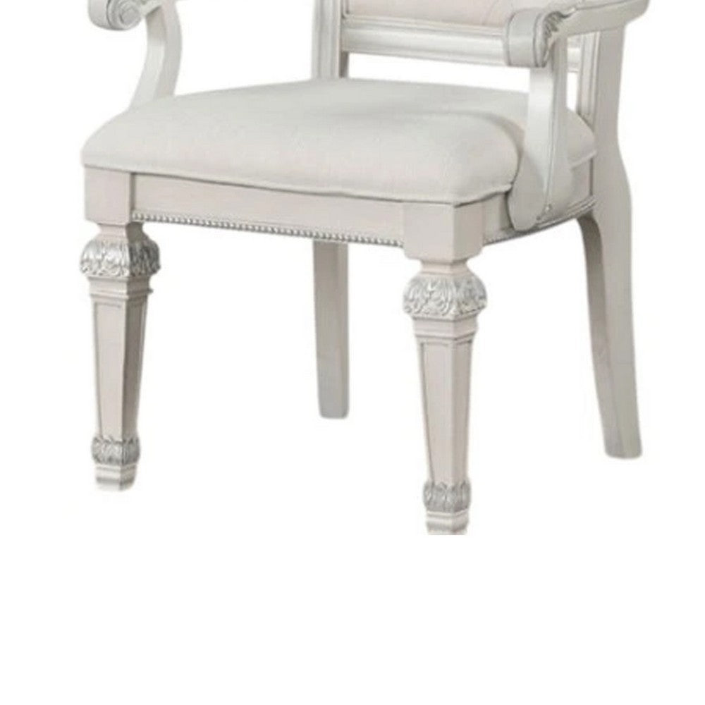 Benjara Miamy Dining Armchair Set of 2, Solid Wood, Ivory Button Tufted Fabric