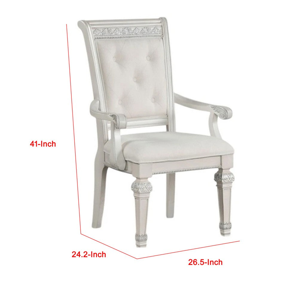 Benjara Miamy Dining Armchair Set of 2, Solid Wood, Ivory Button Tufted Fabric