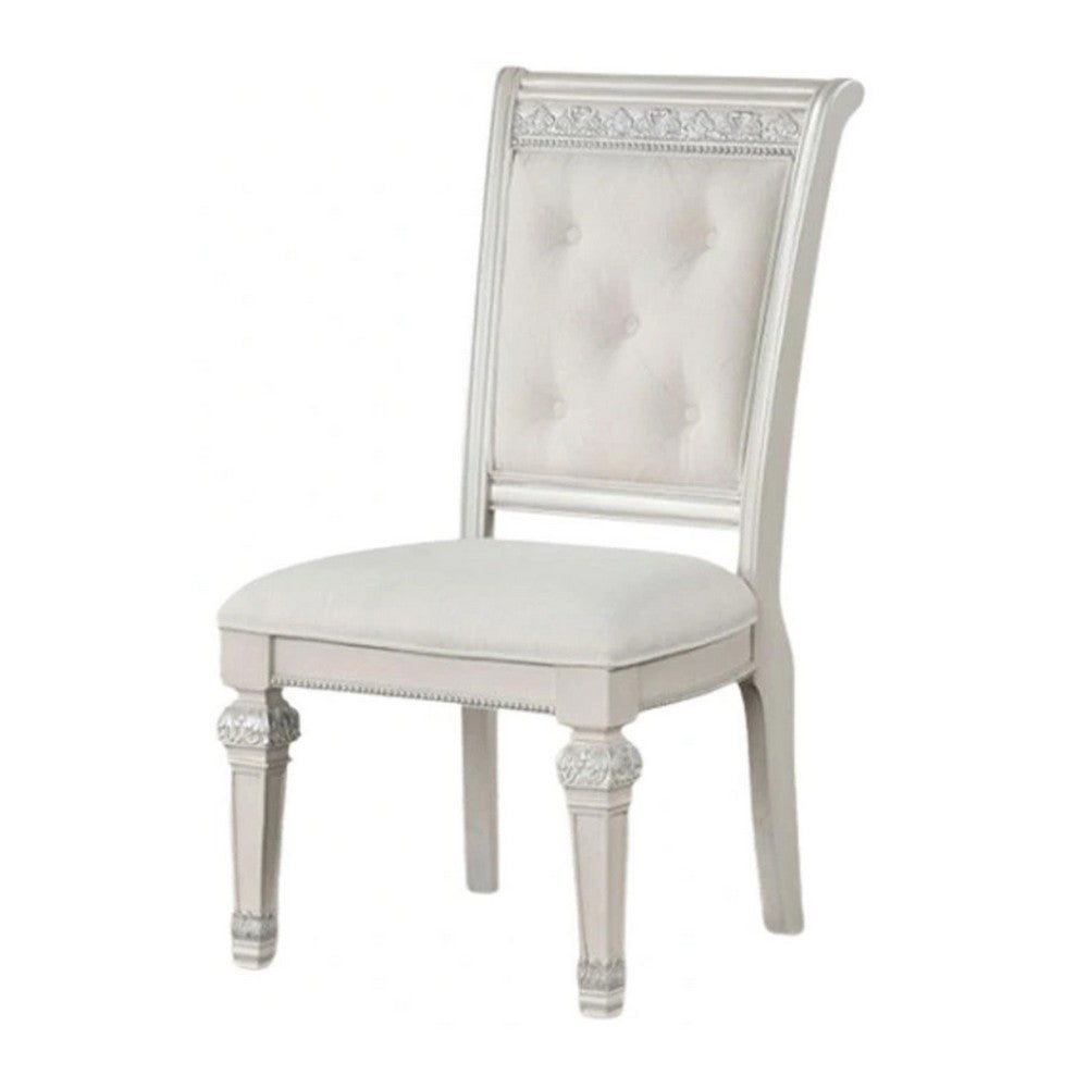 Benjara Miamy Dining Side Chair Set of 2, Solid Wood, Ivory Button Tufted Fabric