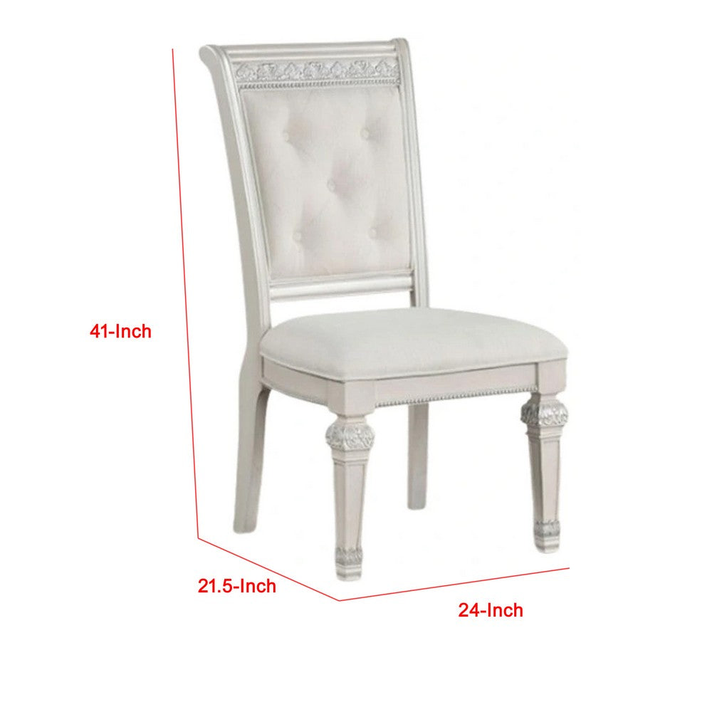 Benjara Miamy Dining Side Chair Set of 2, Solid Wood, Ivory Button Tufted Fabric