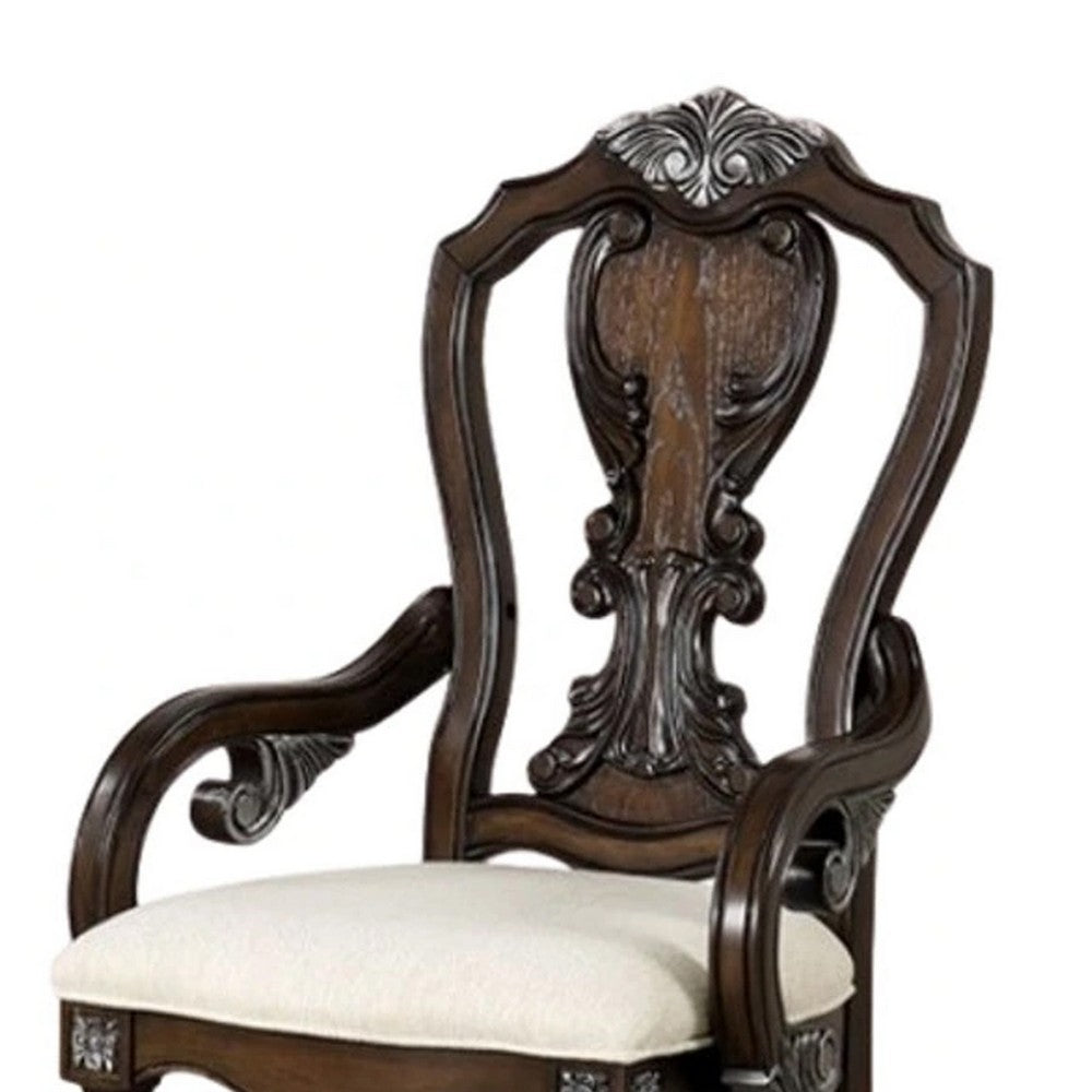 Benjara Naddy Dining Armchair Set of 2, Ornate Corbels, Dark Brown Solid Wood