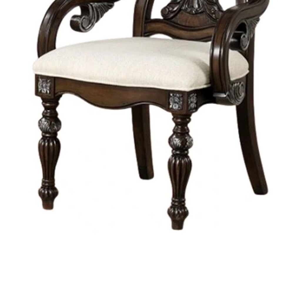 Benjara Naddy Dining Armchair Set of 2, Ornate Corbels, Dark Brown Solid Wood
