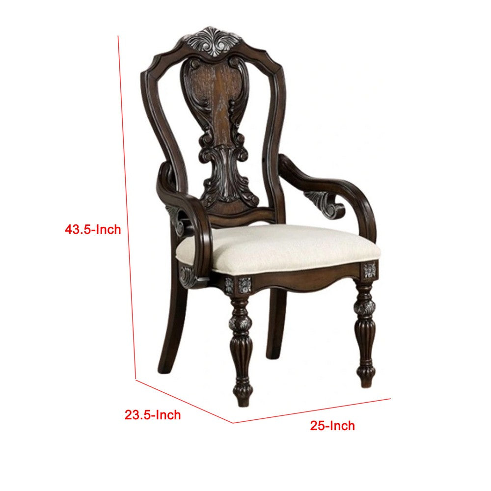Benjara Naddy Dining Armchair Set of 2, Ornate Corbels, Dark Brown Solid Wood