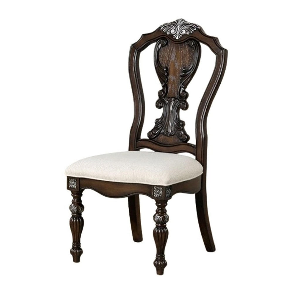 Benjara Naddy Side Dining Chair Set of 2, Ornate Carved Dark Brown Wood