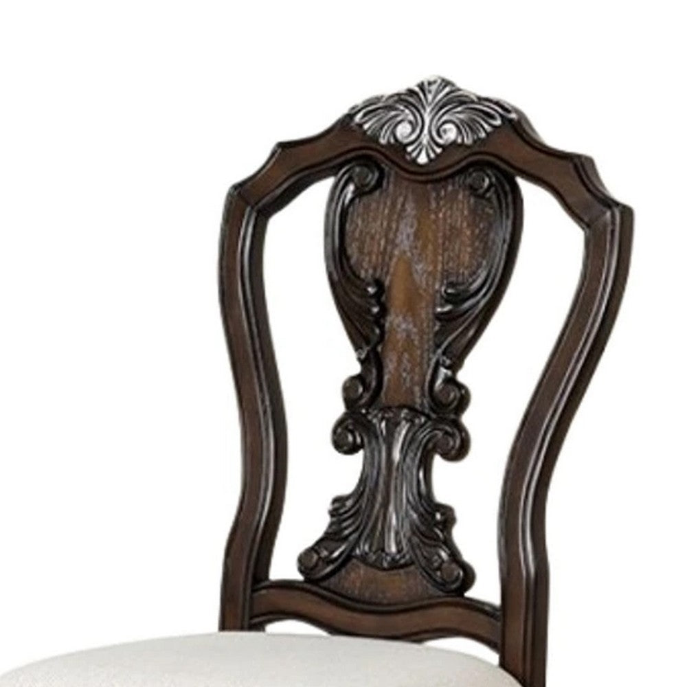 Benjara Naddy Side Dining Chair Set of 2, Ornate Carved Dark Brown Wood