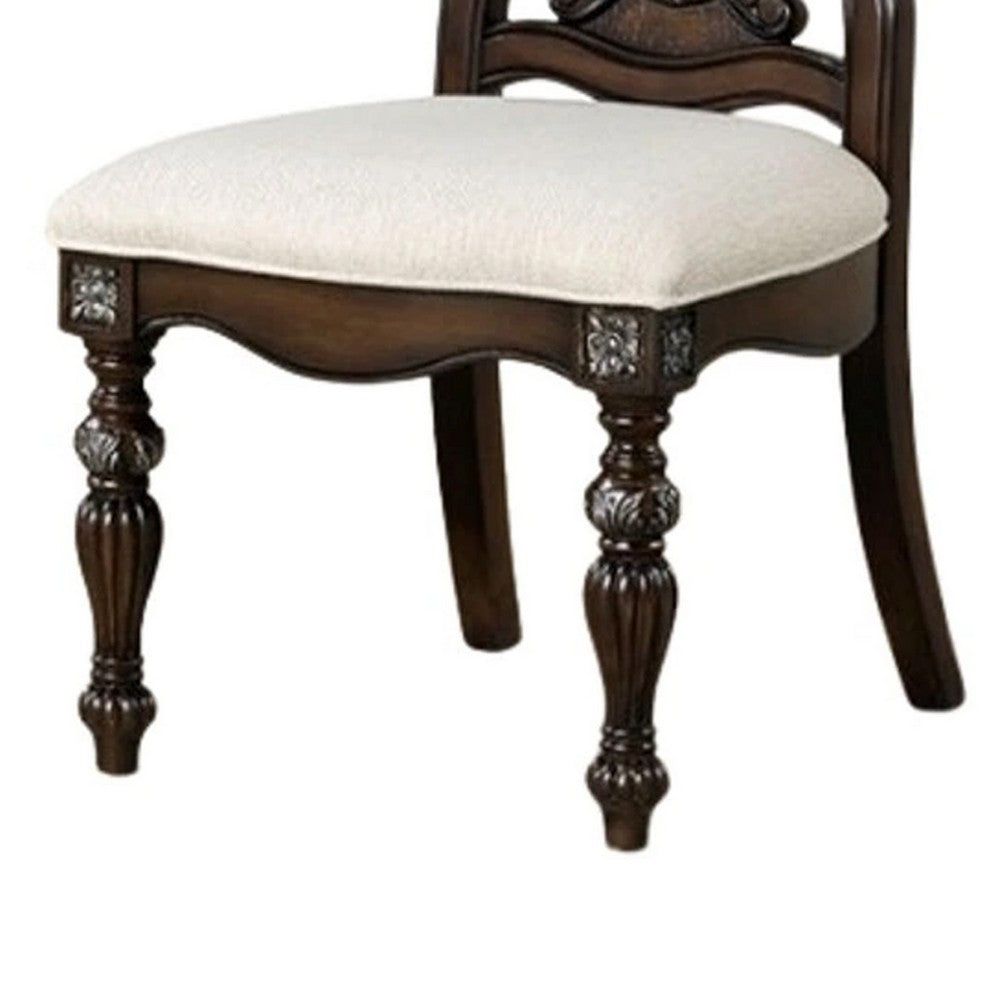 Benjara Naddy Side Dining Chair Set of 2, Ornate Carved Dark Brown Wood