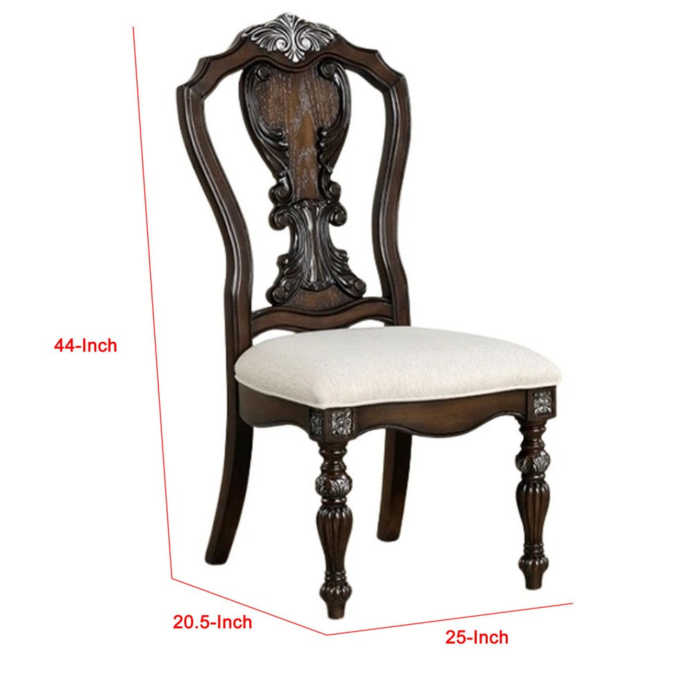Benjara Naddy Side Dining Chair Set of 2, Ornate Carved Dark Brown Wood