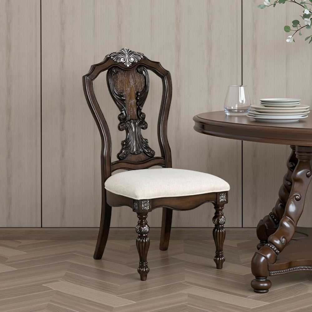 Benjara Naddy Side Dining Chair Set of 2, Ornate Carved Dark Brown Wood