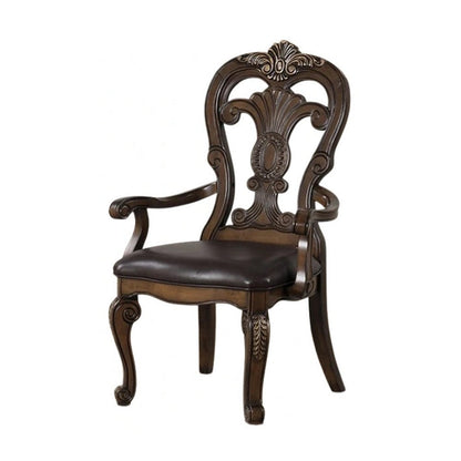 Benjara Leova Armchair Set of 2, Ornate Corbels, Dark Brown Wood, Faux Leather