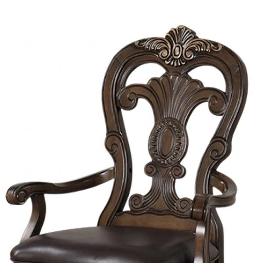 Benjara Leova Armchair Set of 2, Ornate Corbels, Dark Brown Wood, Faux Leather