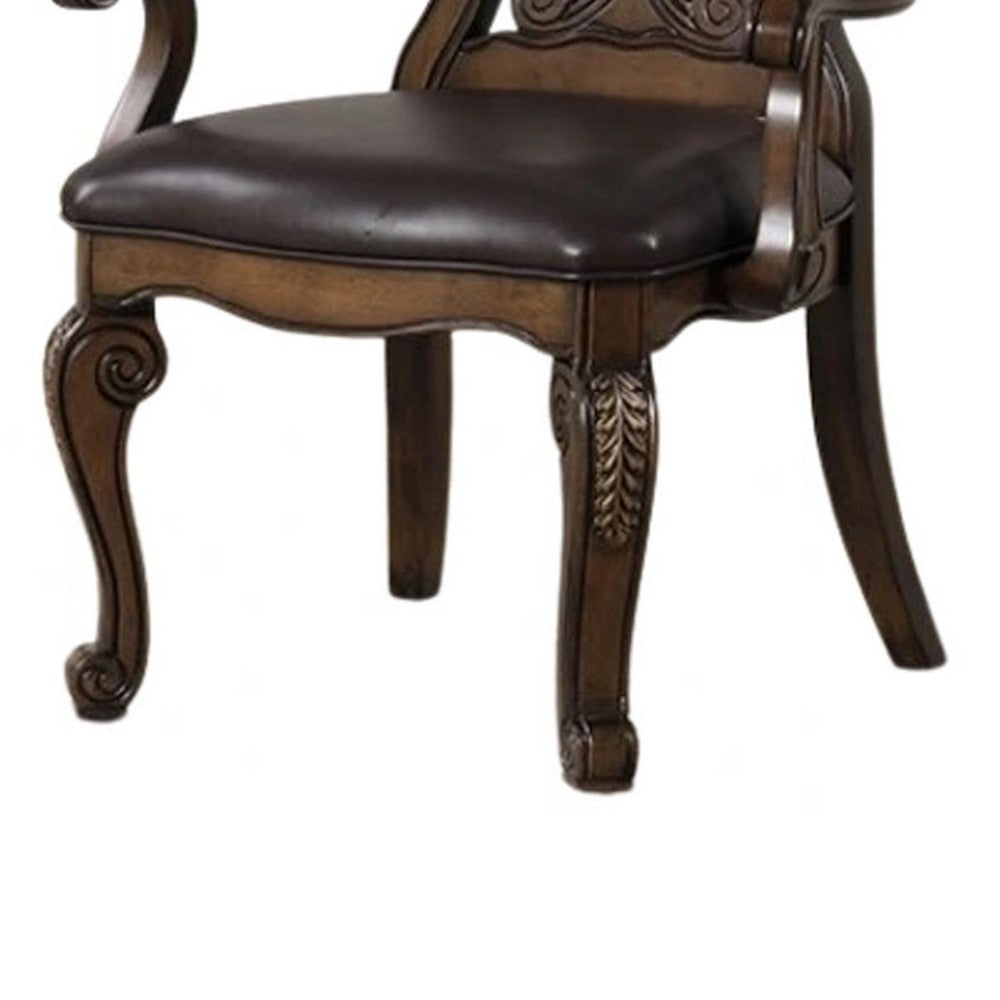 Benjara Leova Armchair Set of 2, Ornate Corbels, Dark Brown Wood, Faux Leather