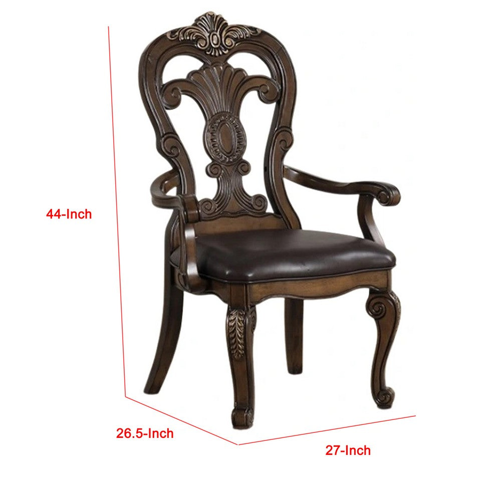 Benjara Leova Armchair Set of 2, Ornate Corbels, Dark Brown Wood, Faux Leather