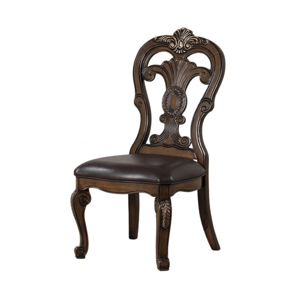 Benjara Leova Side Dining Chair Set of 2, Carved Corbels, Gold Tip Crown, Brown Wood