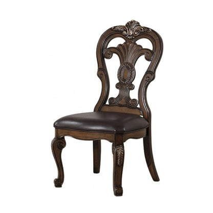 Benjara Leova Side Dining Chair Set of 2, Carved Corbels, Gold Tip Crown, Brown Wood