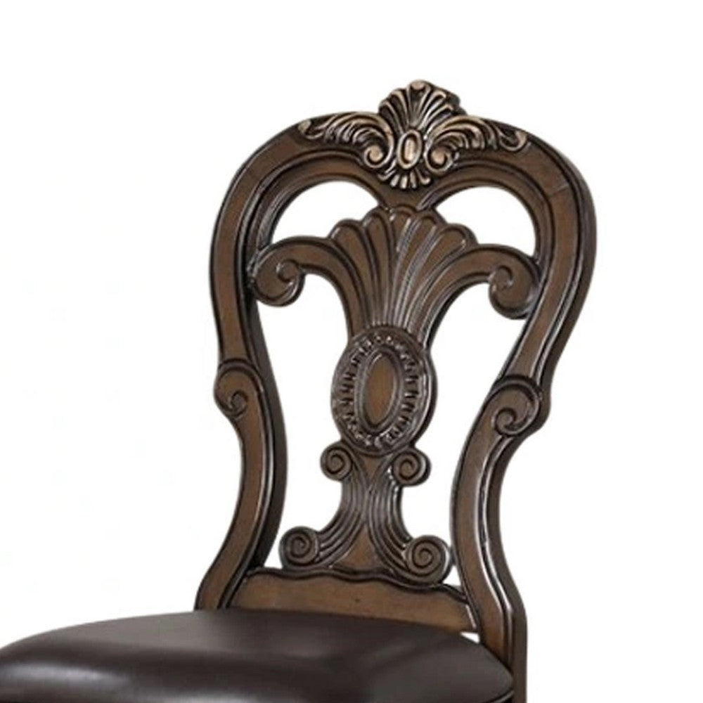 Benjara Leova Side Dining Chair Set of 2, Carved Corbels, Gold Tip Crown, Brown Wood