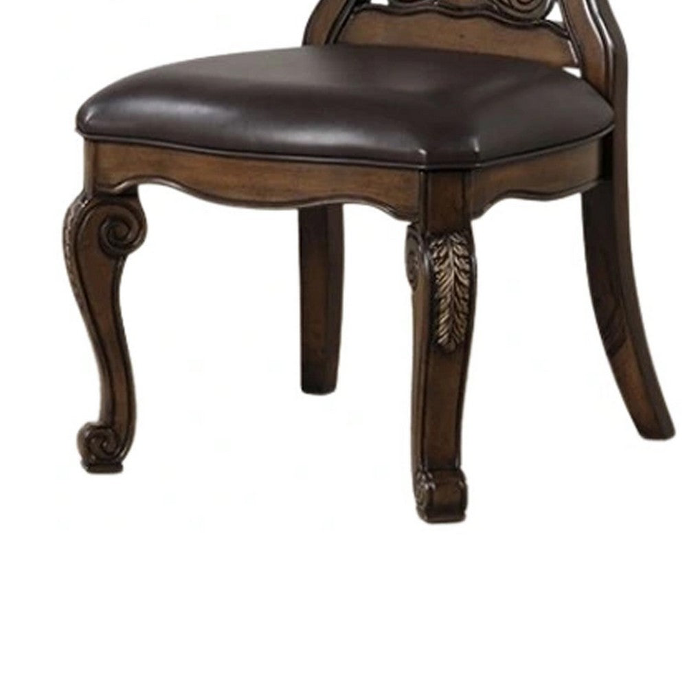Benjara Leova Side Dining Chair Set of 2, Carved Corbels, Gold Tip Crown, Brown Wood