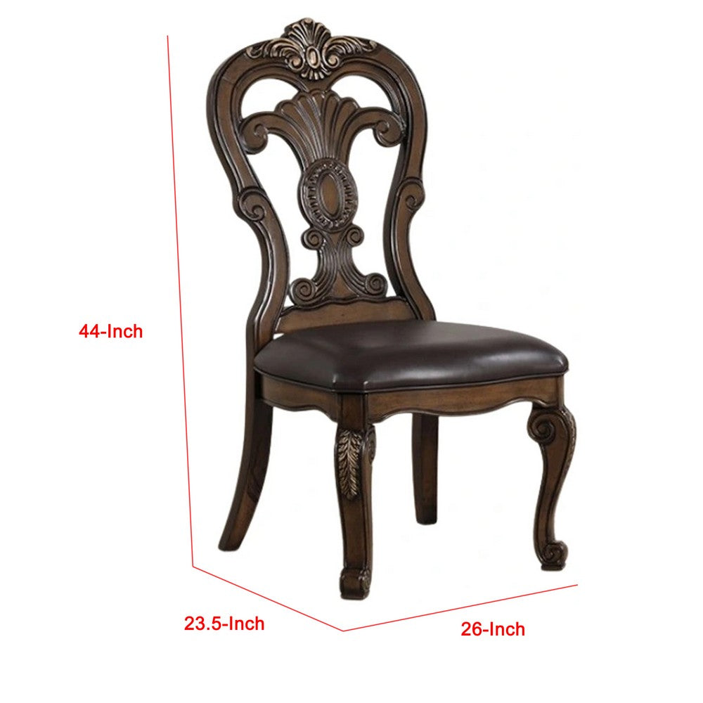 Benjara Leova Side Dining Chair Set of 2, Carved Corbels, Gold Tip Crown, Brown Wood