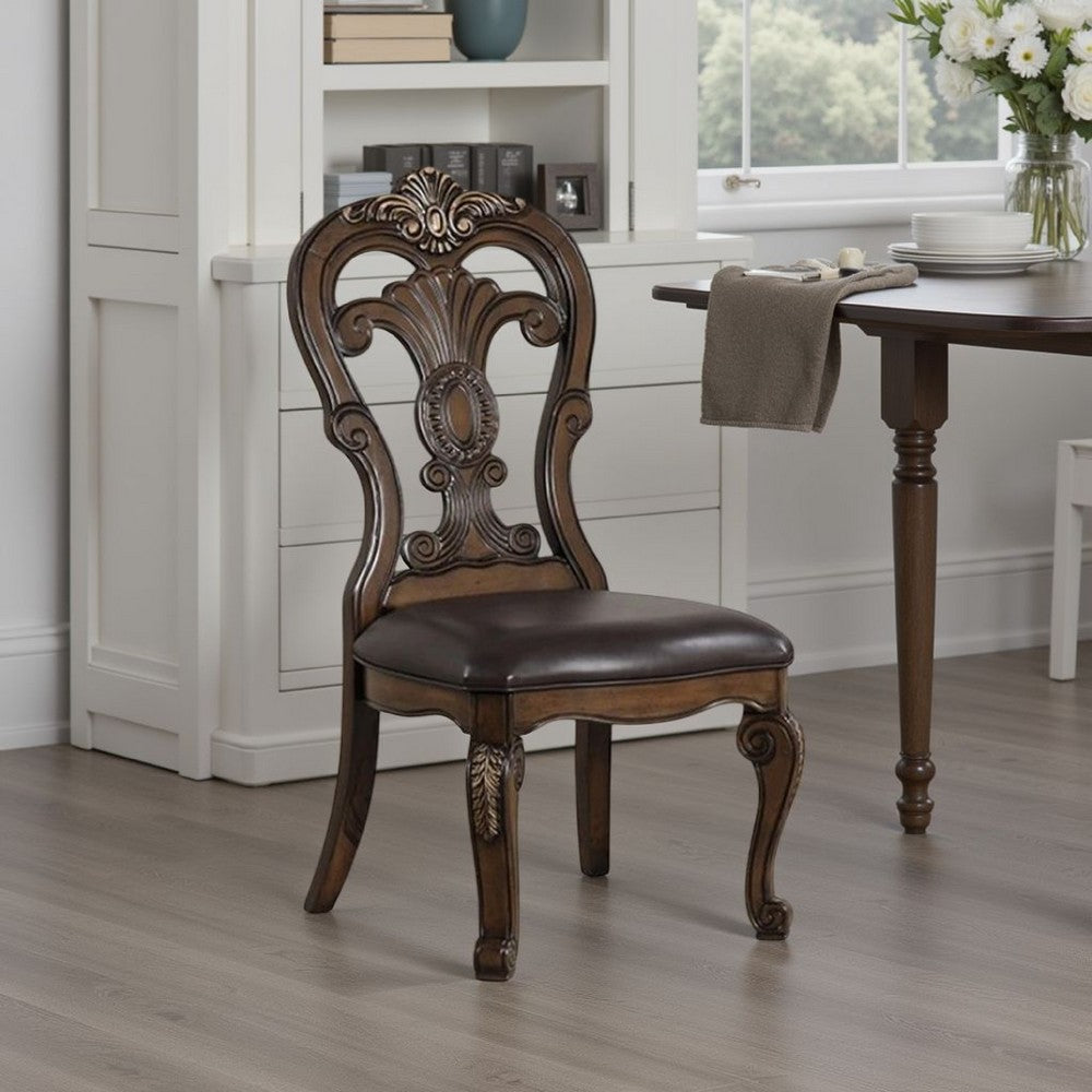 Benjara Leova Side Dining Chair Set of 2, Carved Corbels, Gold Tip Crown, Brown Wood