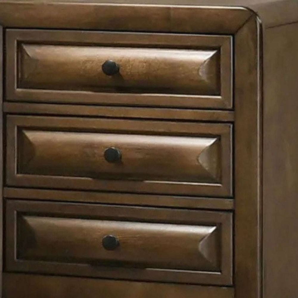 Benjara Cair Nightstand w 3 Beveled Drawers, Bronze Metal Knobs, Brown Wood