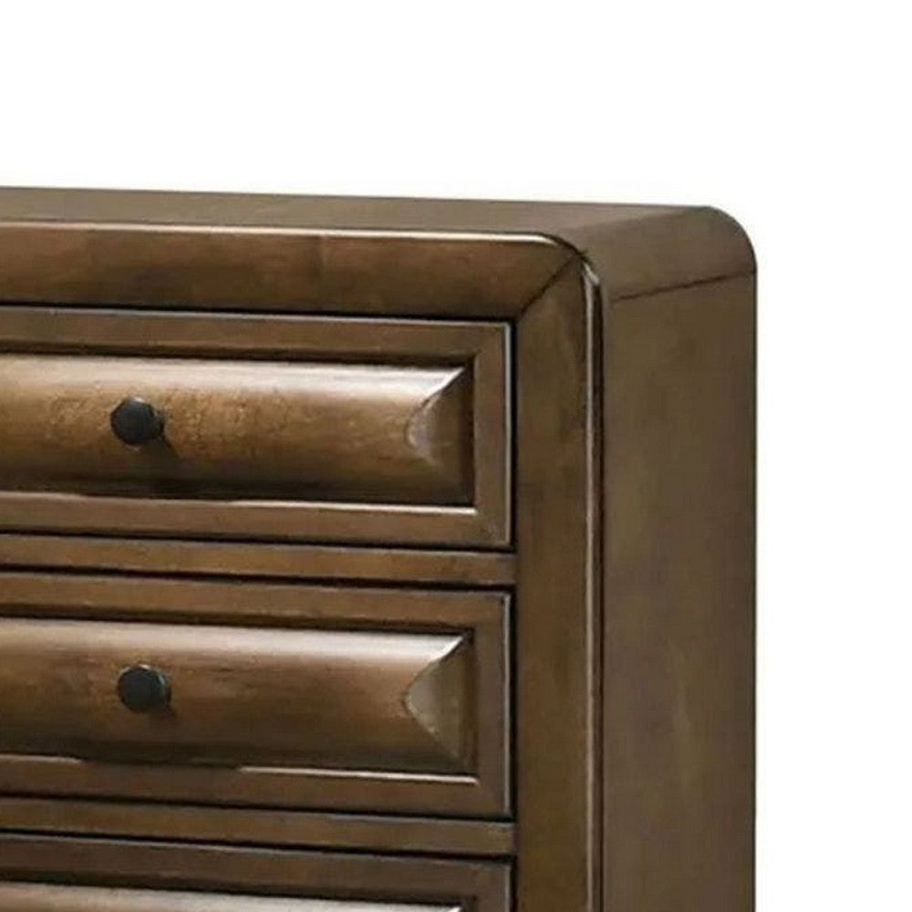 Benjara Cair Nightstand w 3 Beveled Drawers, Bronze Metal Knobs, Brown Wood