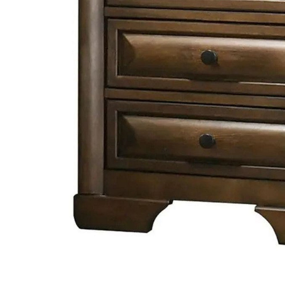 Benjara Cair Nightstand w 3 Beveled Drawers, Bronze Metal Knobs, Brown Wood