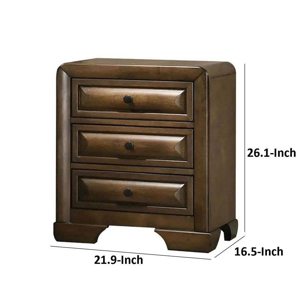 Benjara Cair Nightstand w 3 Beveled Drawers, Bronze Metal Knobs, Brown Wood