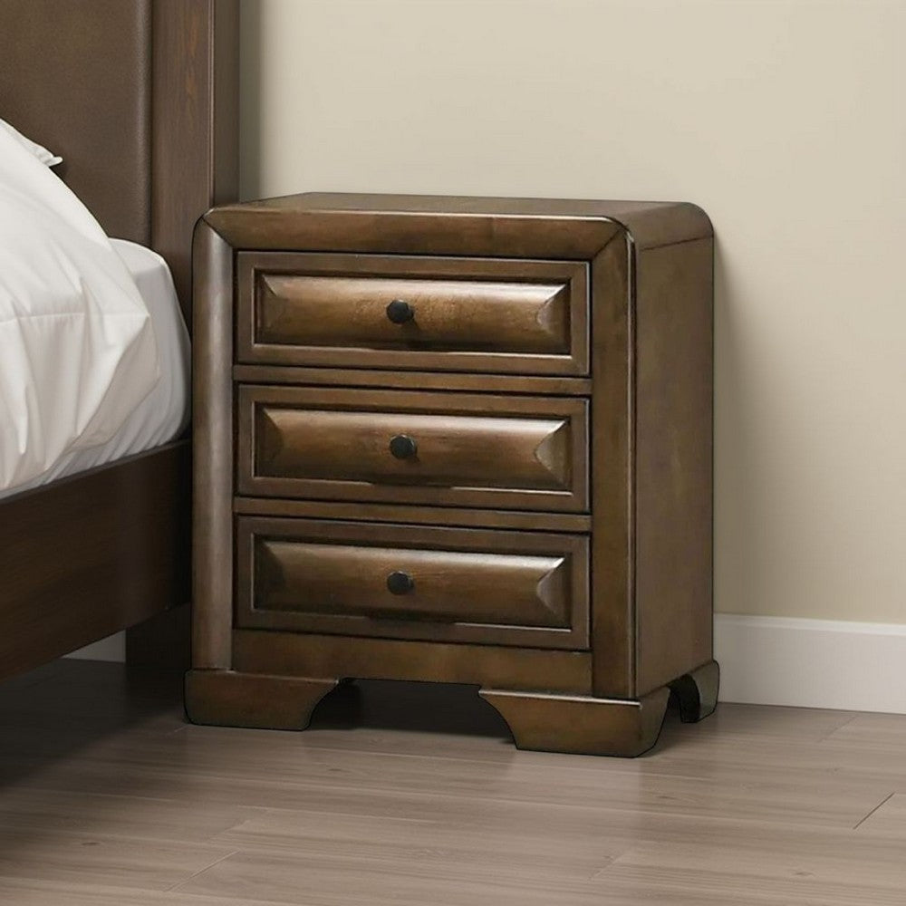 Benjara Cair Nightstand w 3 Beveled Drawers, Bronze Metal Knobs, Brown Wood