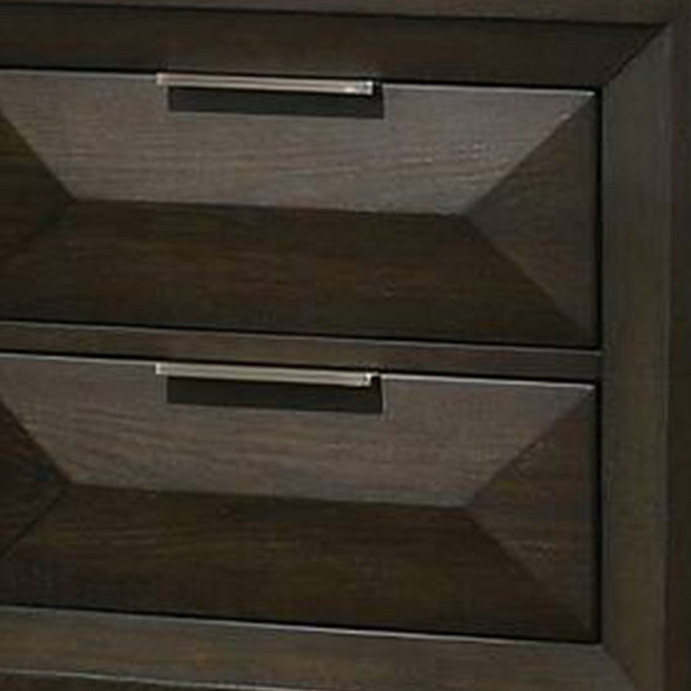Benjara Fema Nightstand, 2 Bevel Drawers, Nickel Handles, Espresso Brown Wood