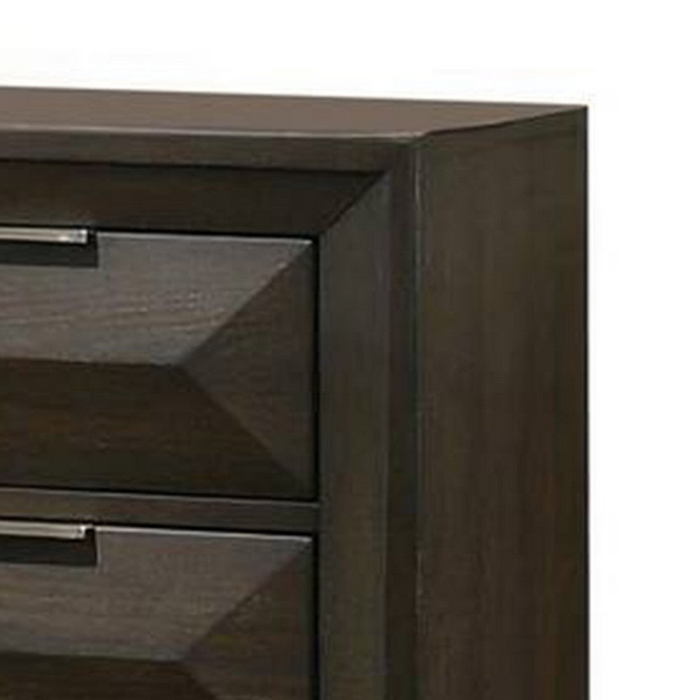 Benjara Fema Nightstand, 2 Bevel Drawers, Nickel Handles, Espresso Brown Wood