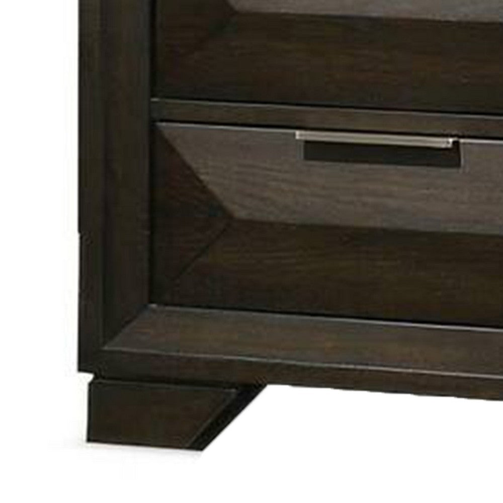 Benjara Fema Nightstand, 2 Bevel Drawers, Nickel Handles, Espresso Brown Wood