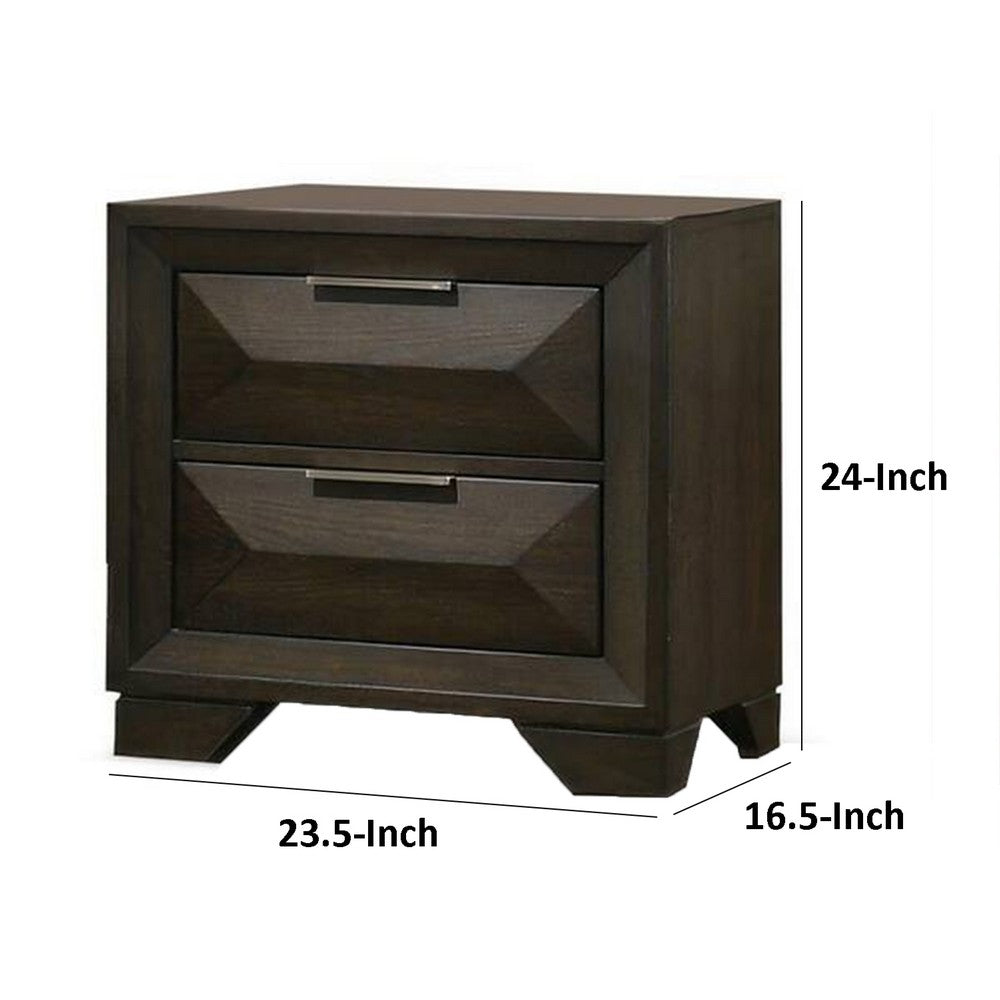 Benjara Fema Nightstand, 2 Bevel Drawers, Nickel Handles, Espresso Brown Wood