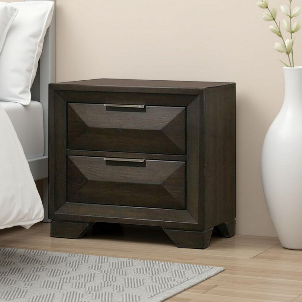 Benjara Fema Nightstand, 2 Bevel Drawers, Nickel Handles, Espresso Brown Wood