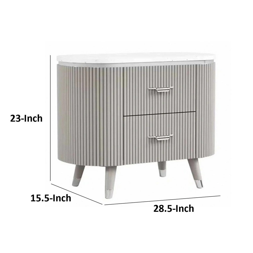 Benjara Gema Nightstand, 2 Drawers, Cultured Stone Top, Gray Wood, Silver Trim