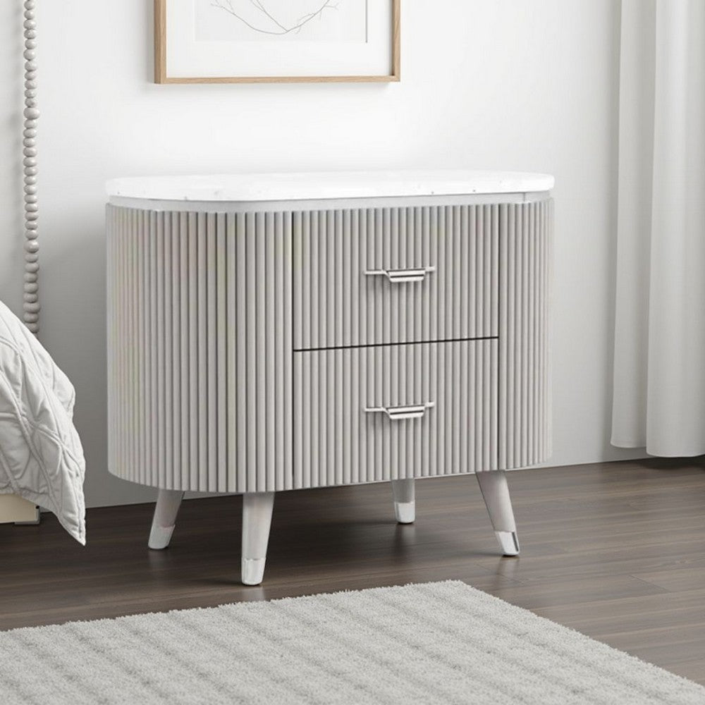 Benjara Gema Nightstand, 2 Drawers, Cultured Stone Top, Gray Wood, Silver Trim