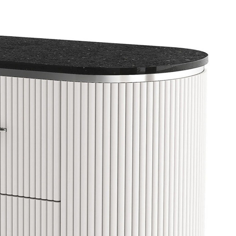 Benjara Alda Nightstand w 2 Drawers, Black Stone Top, Light Gray Wood, Silver