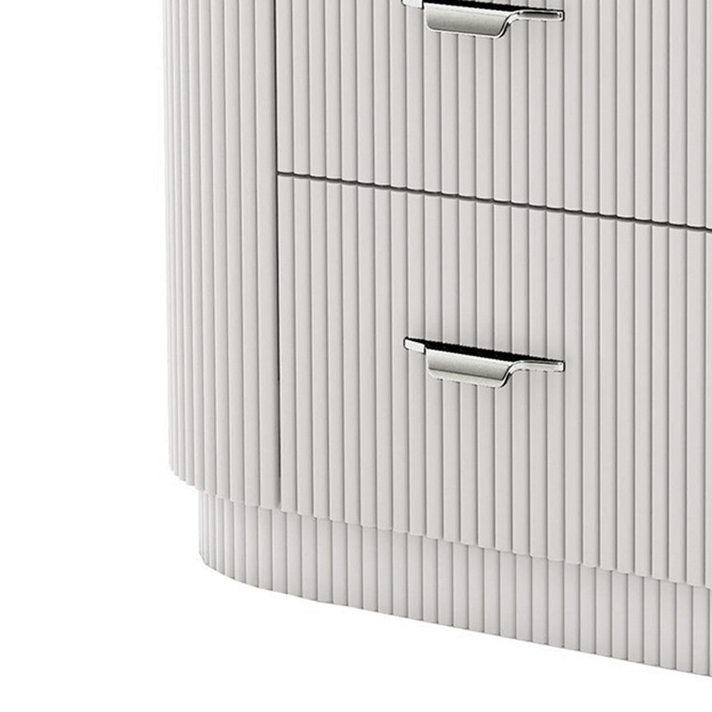 Benjara Alda Nightstand w 2 Drawers, Black Stone Top, Light Gray Wood, Silver