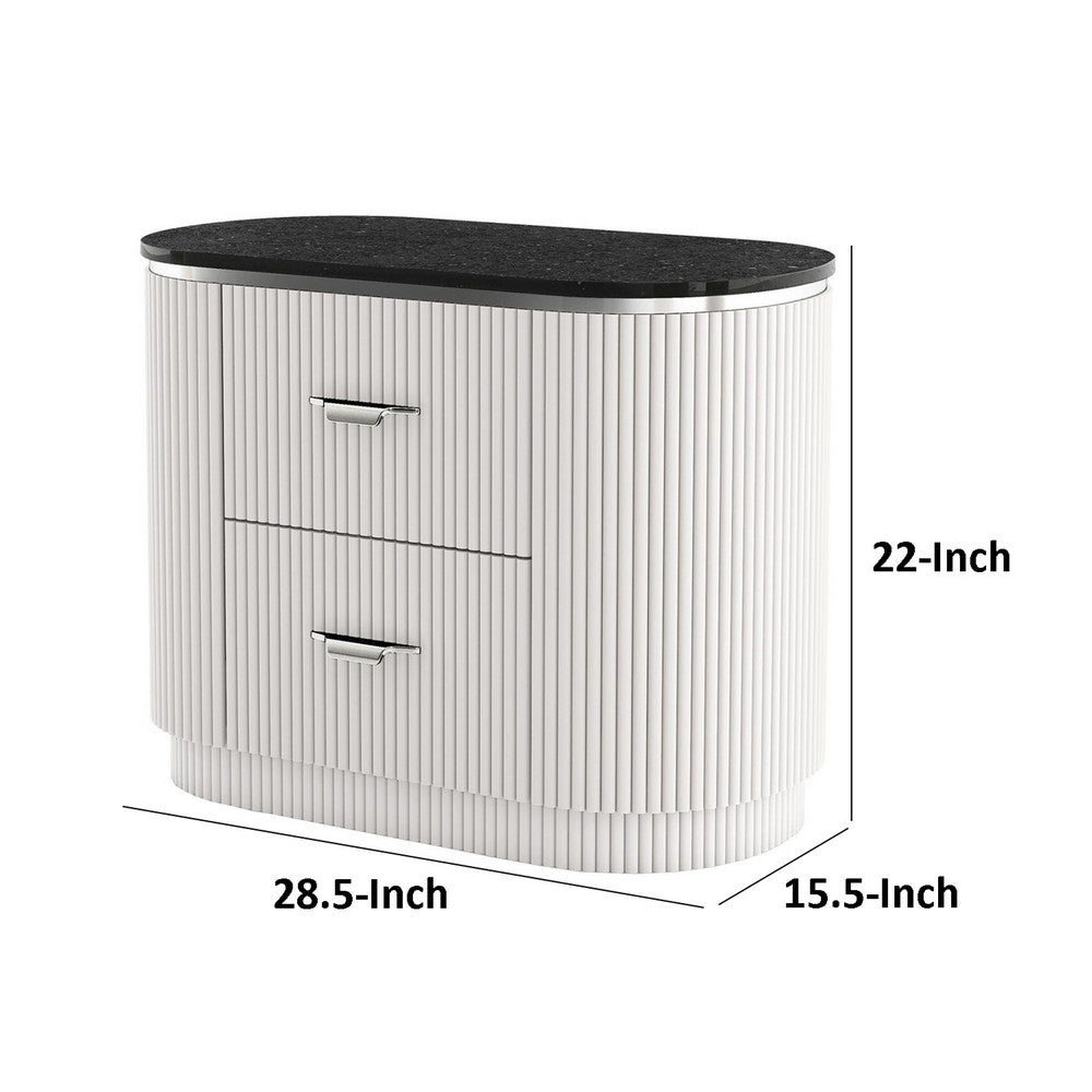 Benjara Alda Nightstand w 2 Drawers, Black Stone Top, Light Gray Wood, Silver