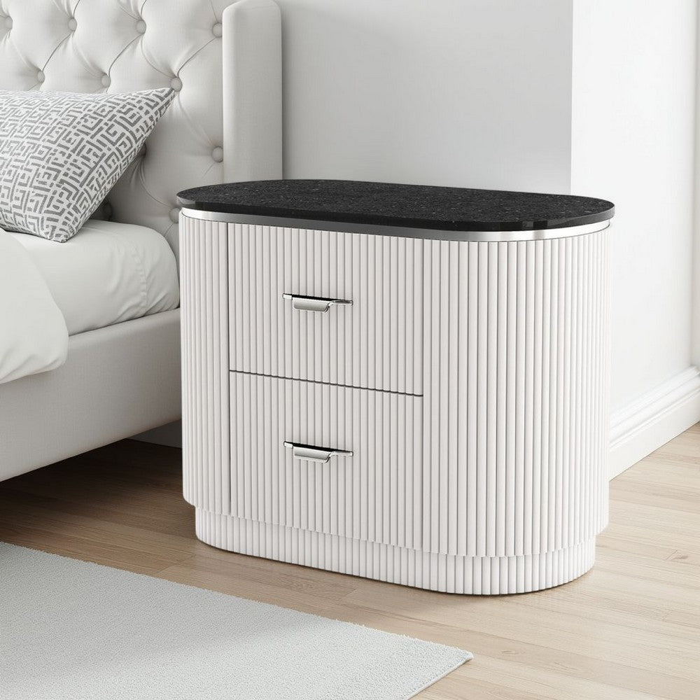 Benjara Alda Nightstand w 2 Drawers, Black Stone Top, Light Gray Wood, Silver