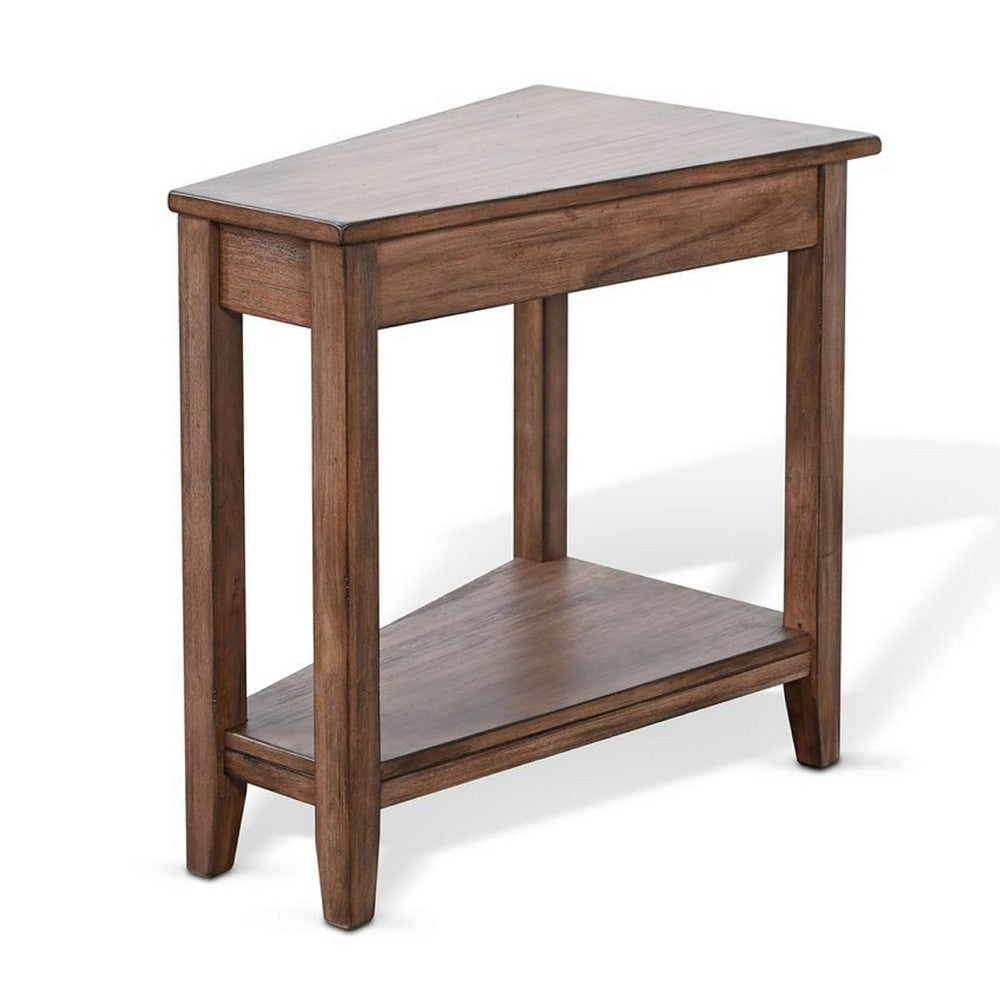 Benjara Yael Side End Table, 24 Inch Wedge Top with Open Shelf, Natural Brown