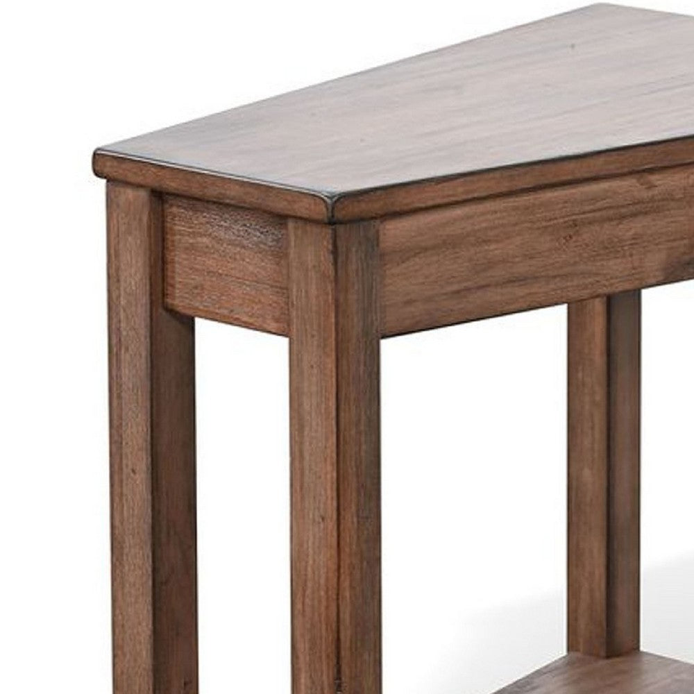 Benjara Yael Side End Table, 24 Inch Wedge Top with Open Shelf, Natural Brown