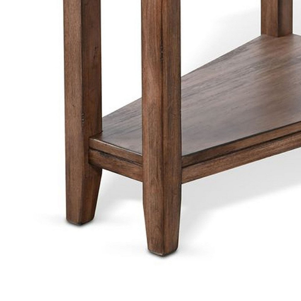 Benjara Yael Side End Table, 24 Inch Wedge Top with Open Shelf, Natural Brown