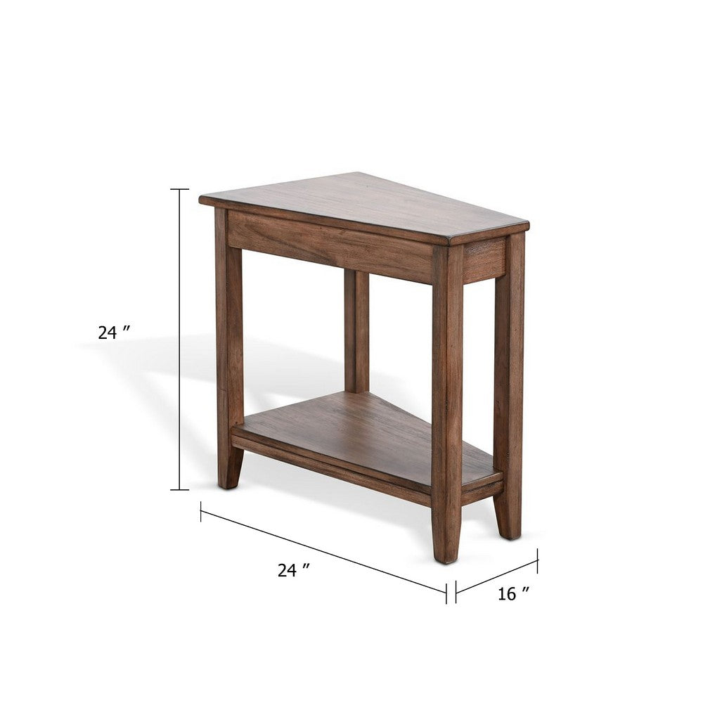 Benjara Yael Side End Table, 24 Inch Wedge Top with Open Shelf, Natural Brown