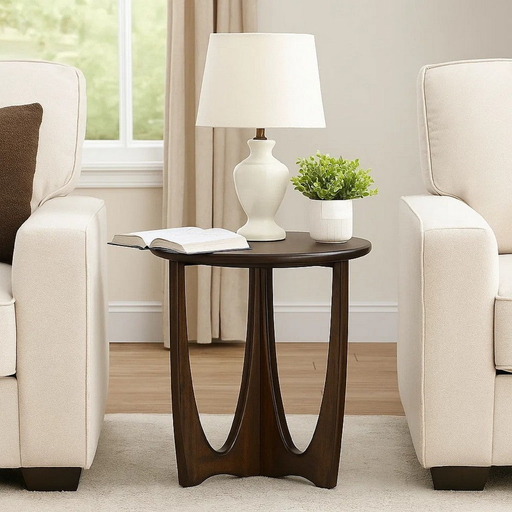 Benjara Natra Chairside Table, 22 Inch Round Top w Cutout Base, Dark Brown