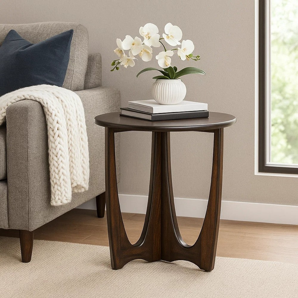 Benjara Natra Chairside Table, 22 Inch Round Top w Cutout Base, Dark Brown