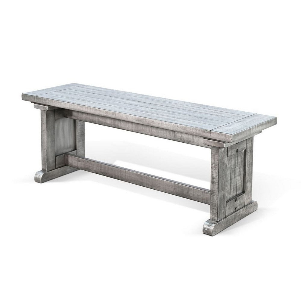 Benjara Bench, 48 Inch Wide Farmhouse Plank Style Seat, Gray Pedestal Base