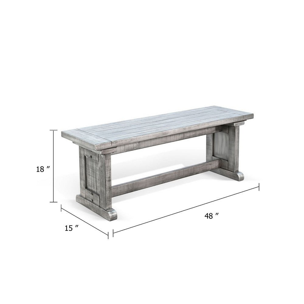Benjara Bench, 48 Inch Wide Farmhouse Plank Style Seat, Gray Pedestal Base