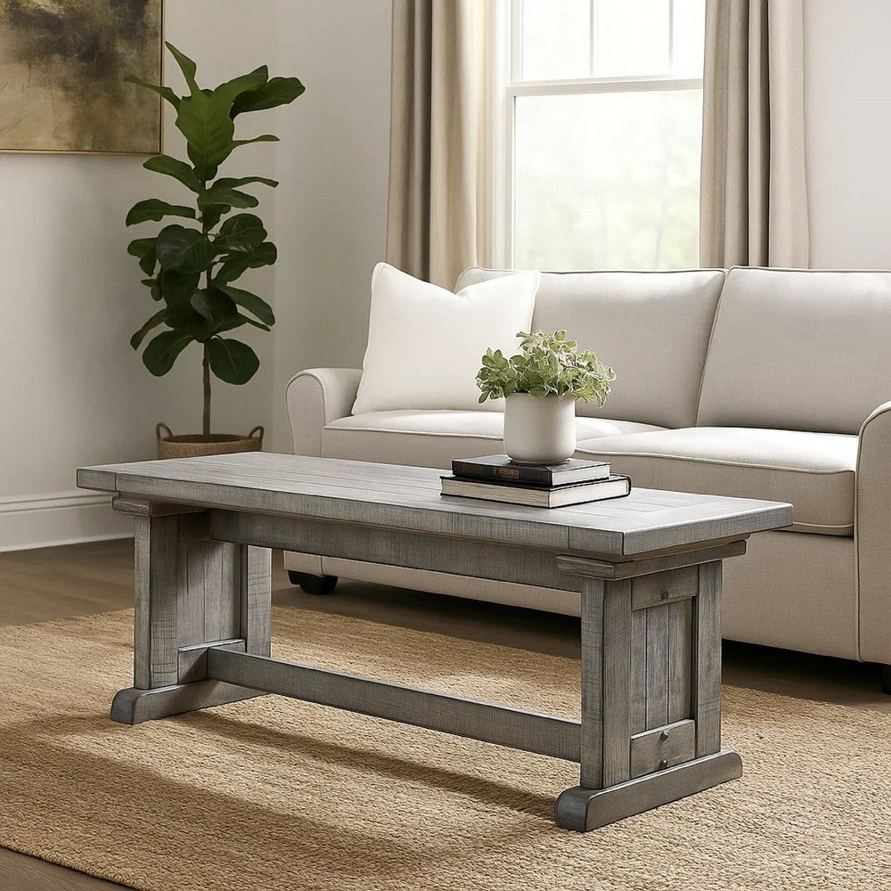 Benjara Bench, 48 Inch Wide Farmhouse Plank Style Seat, Gray Pedestal Base