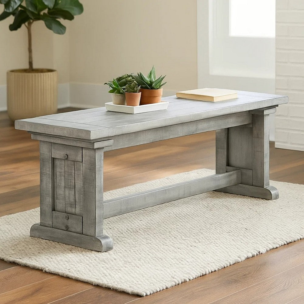 Benjara Bench, 48 Inch Wide Farmhouse Plank Style Seat, Gray Pedestal Base