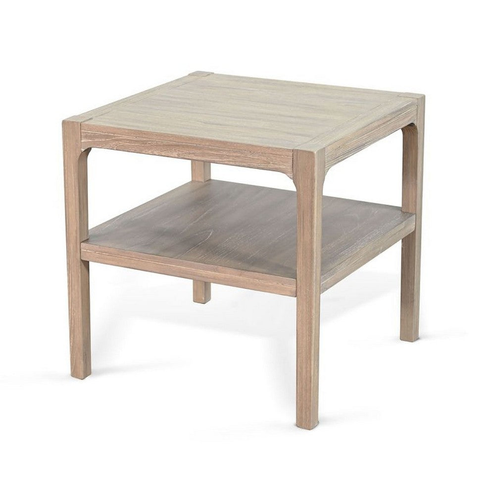 Benjara Side End Table with Lower Shelf, 24 Inch Square Top, Natural Brown
